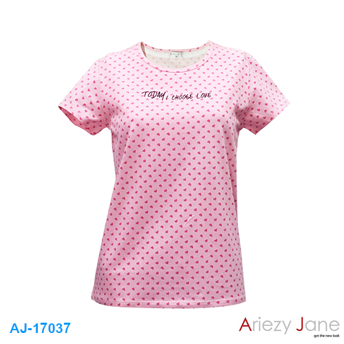 เสื้อยืดคอกลม ชมพู พิมพ์ลายหัวใจ AJ17037