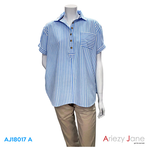 เสื้อเชิ้ต ลายทางสีฟ้า-ขาว  AJ-18017 A