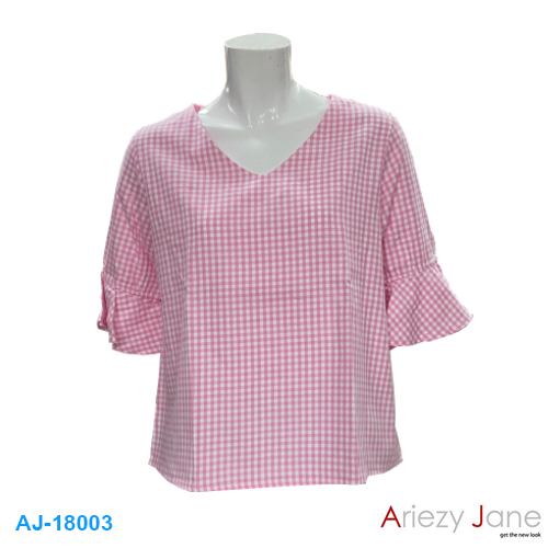 เสื้อคอวีแขนระบายสต๊อต สีชมพู AJ-18003