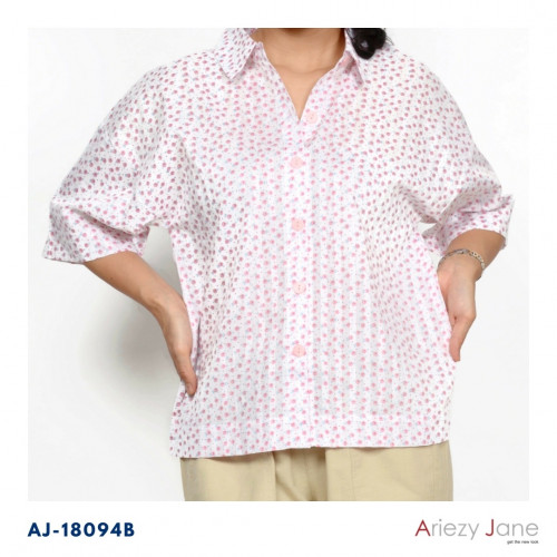 เสื้อเชิ้ตแขนสั้นไหล่สโลปผ้าซาตินพิมพิ์ลายริ้วพื้นและลายดอกสีชมพู ไซส์ M, L AJ-18094