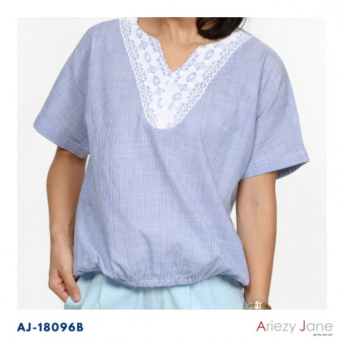 เสื้อแขนสั้นจัมพ์เอว คอวีติดลูกไม้ขาว ผ้า 100% cotton stripe AJ-18096 1