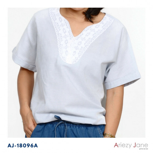 เสื้อแขนสั้นจัมพ์เอว คอวีติดลูกไม้ขาว ผ้า 100% cotton stripe AJ-18096 2