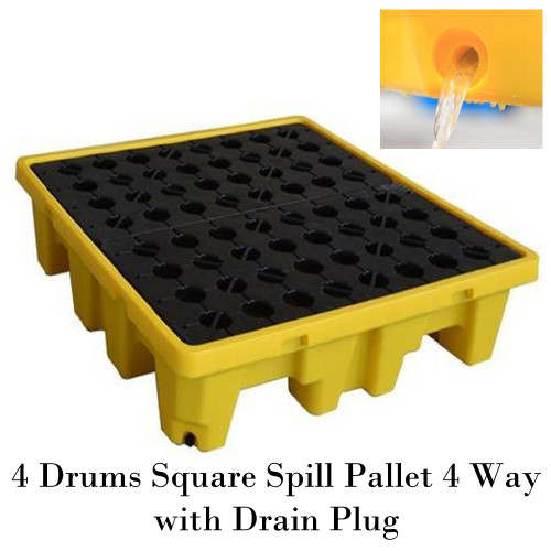 พาเลทรองสารเคมี 4 Drums Square Spill Pallet 4 Way with Drain Plug Model. STRMDTSSBP4LD