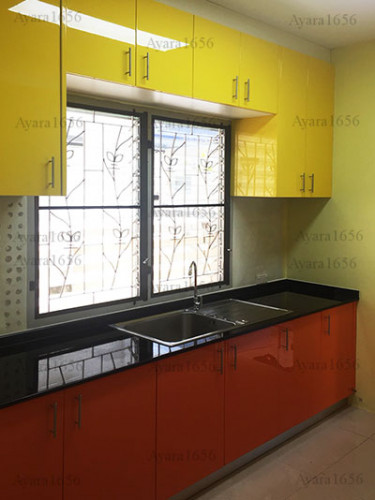 ชุดครัว Built-in ตู้ล่าง โครงซีเมนต์บอร์ด หน้าบาน PVC สีส้ม + เหลือง 10
