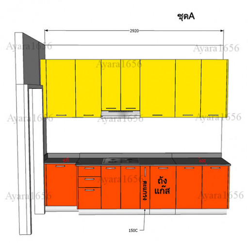 ชุดครัว Built-in ตู้ล่าง โครงซีเมนต์บอร์ด หน้าบาน PVC สีส้ม + เหลือง 9