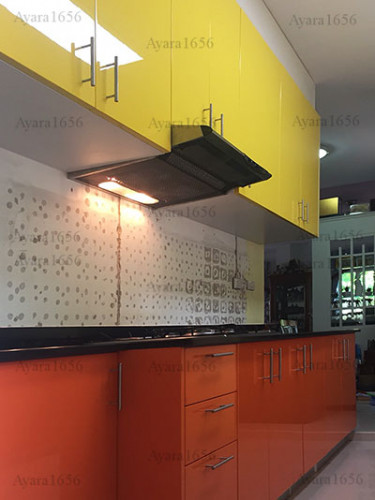 ชุดครัว Built-in ตู้ล่าง โครงซีเมนต์บอร์ด หน้าบาน PVC สีส้ม + เหลือง 5