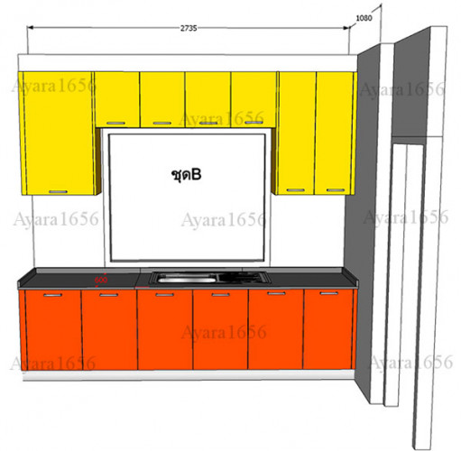 ชุดครัว Built-in ตู้ล่าง โครงซีเมนต์บอร์ด หน้าบาน PVC สีส้ม + เหลือง 13
