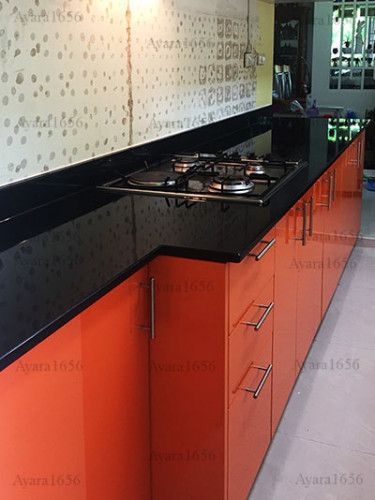 ชุดครัว Built-in ตู้ล่าง โครงซีเมนต์บอร์ด หน้าบาน PVC สีส้ม + เหลือง 7