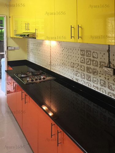 ชุดครัว Built-in ตู้ล่าง โครงซีเมนต์บอร์ด หน้าบาน PVC สีส้ม + เหลือง 6