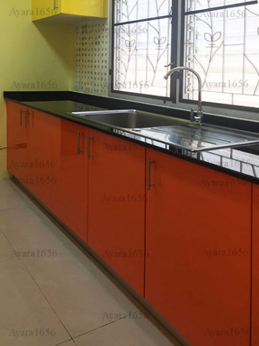 ชุดครัว Built-in ตู้ล่าง โครงซีเมนต์บอร์ด หน้าบาน PVC สีส้ม + เหลือง 12