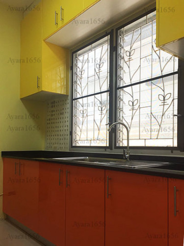 ชุดครัว Built-in ตู้ล่าง โครงซีเมนต์บอร์ด หน้าบาน PVC สีส้ม + เหลือง 11