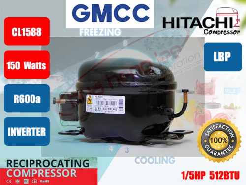 คอมเพรสเซอร์ ตู้เย็น GMCC (HITACHI)  รุ่น CL1588-DZ ขนาด 1/5HP น้ำยา R600a 1