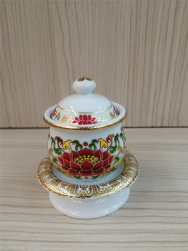 ถ้วยน้ำมนต์ สีขาว ลายดอกบัวแดงนูน#3