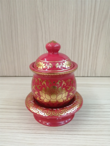 ถ้วยน้ำมนต์ สีแดง ลายบัวทอง#2