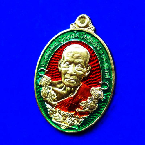 เหรียญทรัพย์พยัคฆ์ หลวงพ่อพัฒน์ วัดห้วยด้วน เนื้อทองทิพย์ลงยาแดง ขอบเขียว ปี 2564 เลข 450 1