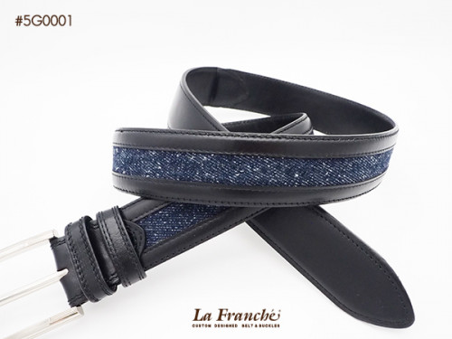 เข็มขัดผ้ายีนส์สีน้ำเงิน กุ๊นหนังวัวแท้สีดำ พร้อมหัวเข็มขัดนิกเกิ้ล 2