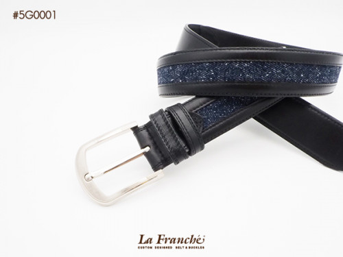 เข็มขัดผ้ายีนส์สีน้ำเงิน กุ๊นหนังวัวแท้สีดำ พร้อมหัวเข็มขัดนิกเกิ้ล 1