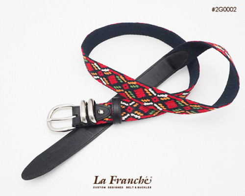 เข็มขัดผ้าลายอินเดียแดงหัวท้ายเย็บหนังวัวแท้ พร้อมเซ็ทหัวเข็มขัดนิกเกิ้ล 2