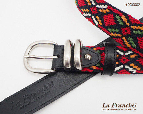 เข็มขัดผ้าลายอินเดียแดงหัวท้ายเย็บหนังวัวแท้ พร้อมเซ็ทหัวเข็มขัดนิกเกิ้ล 1