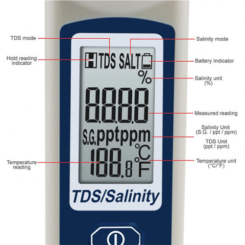 เครื่องวัดน้ำเค็ม และ TDS วัดได้ถึง 3 หน่วย ppm / ppt / % สามารถวัดอุณหภูมิ และความถ่วงจำเพาะ 2