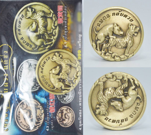 เหรียญหมูปี้เสือ เนื้อสัมฤทธิ์ชุบซาตินเหลือง ครูบาคำเป็ง สำนักสงฆ์มะค่างาม 2564 ขนาด 3.0 ซม_Copy