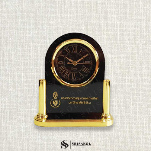 นาฬิกาตั้งโต๊ะเรือนดำ เสาคู่ ฐานชุบสีทอง  รหัส A2223-11C
