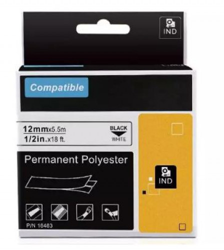 Freshworld : FHW18483* สติ๊กเกอร์พิมพ์ฉลาก Permanent Polyester Labels Tape 1pk. (1/2 Inch. Black on 